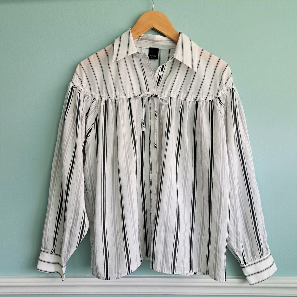 PINKO Striped Tie Detailed Button Up Blouse XXS Relaxed Top Gray Black Runs Big